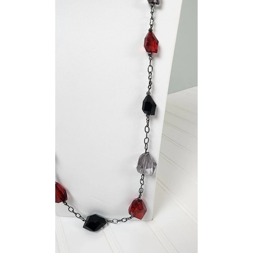 Long Beaded Necklace Red Black Gray Faceted Gemstone‎ Chain Costume Jewelry